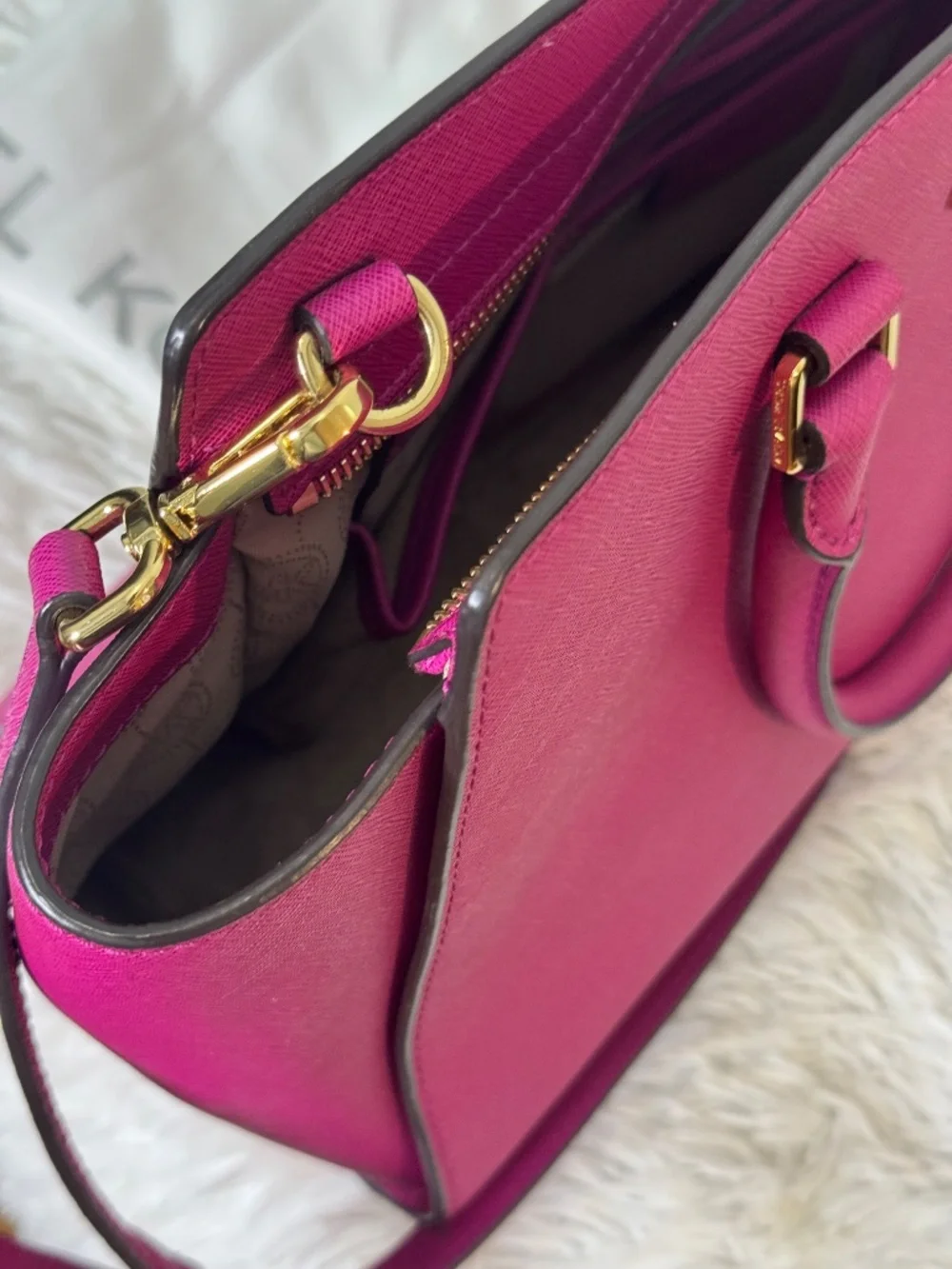 Michael Kors Hot Pink Saffiano Leather Satchel Crossbody Bag with Dust Bag.